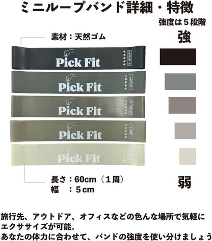 【Pick Fit】ミニループバンド 5段階負荷｜健康運動指導士監修 トレーニングチューブ 天然ラテックス